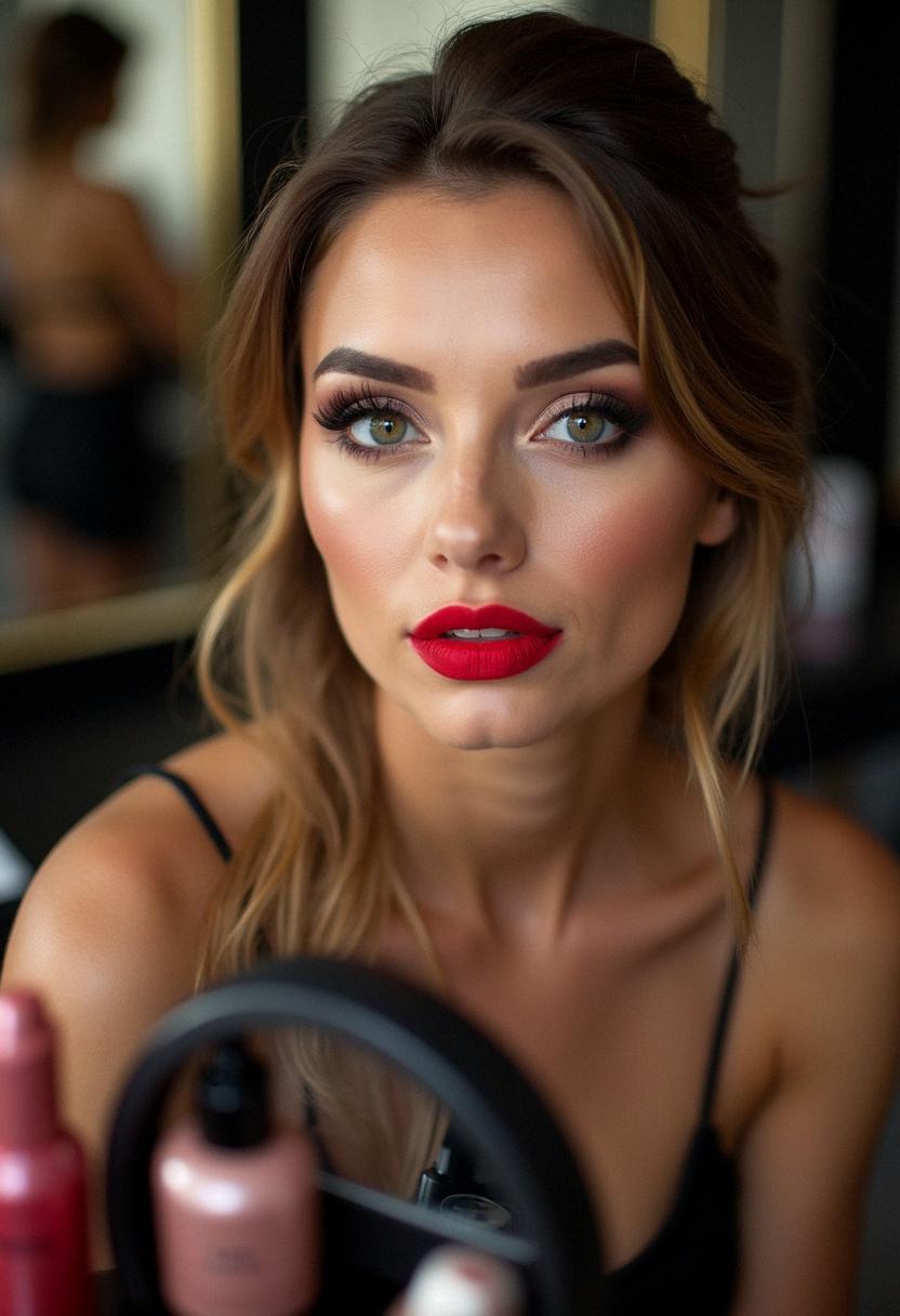 smokey eye makeup with red lipstick