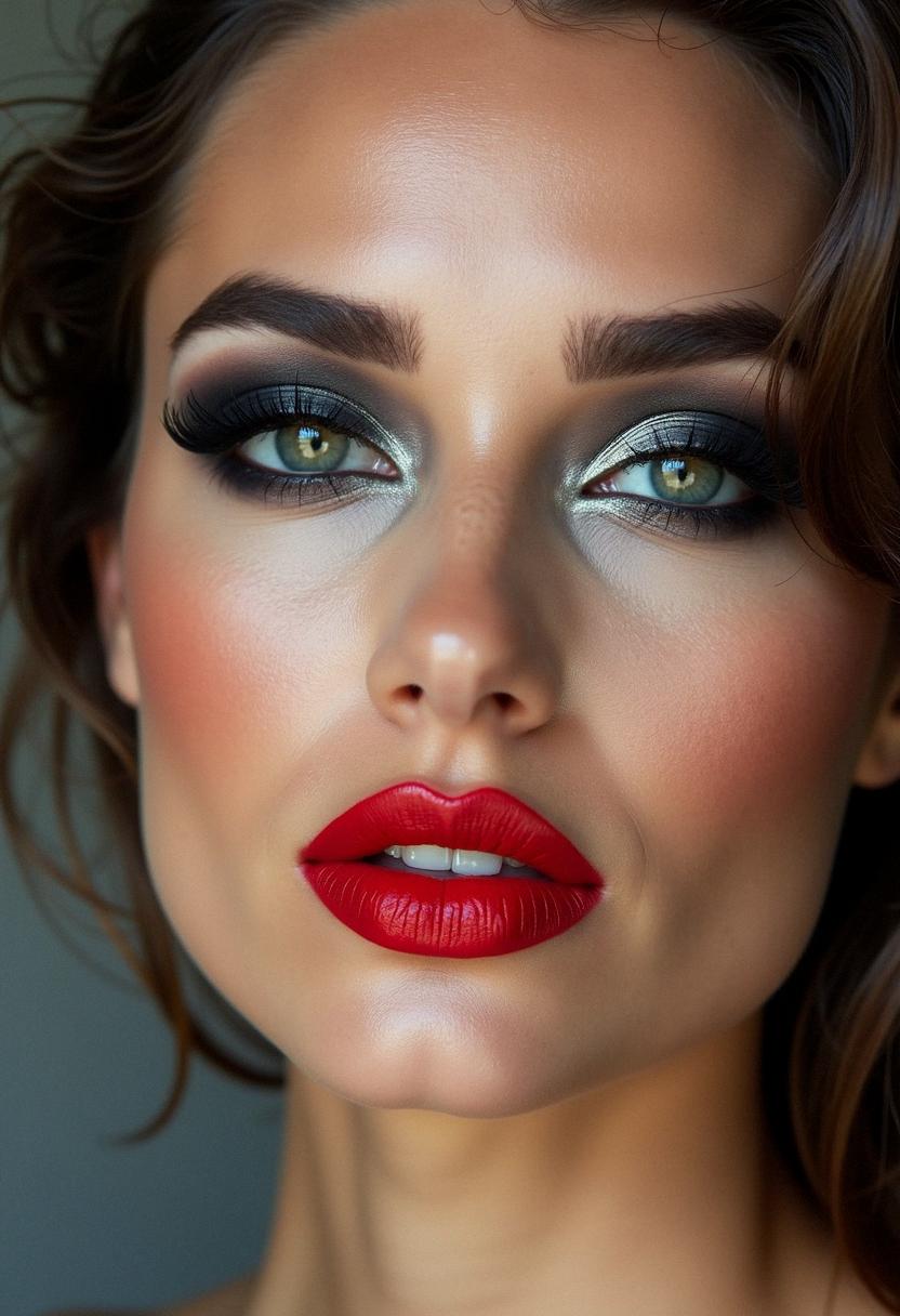 smokey eye makeup with red lipstick