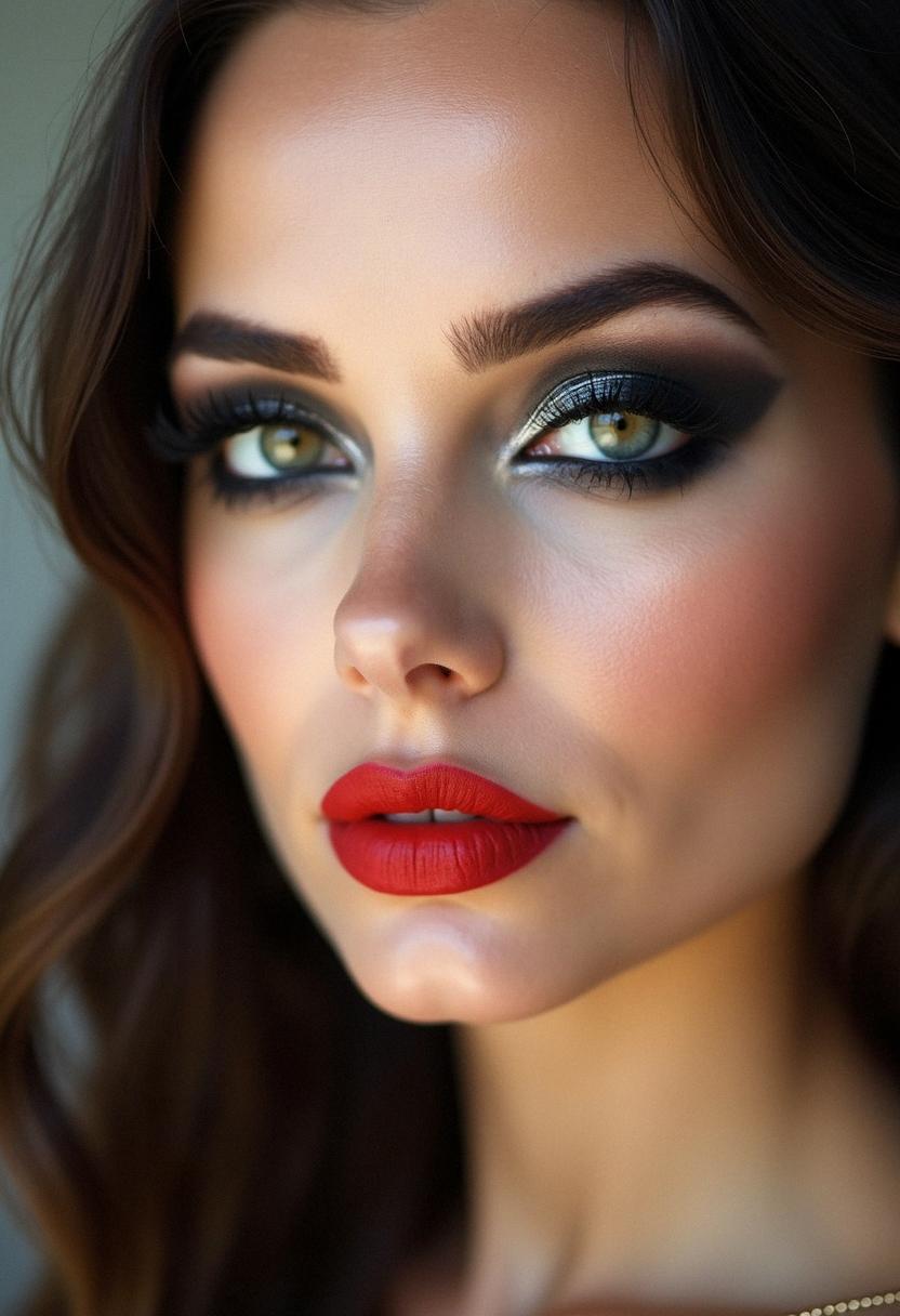 smokey eye makeup with red lipstick