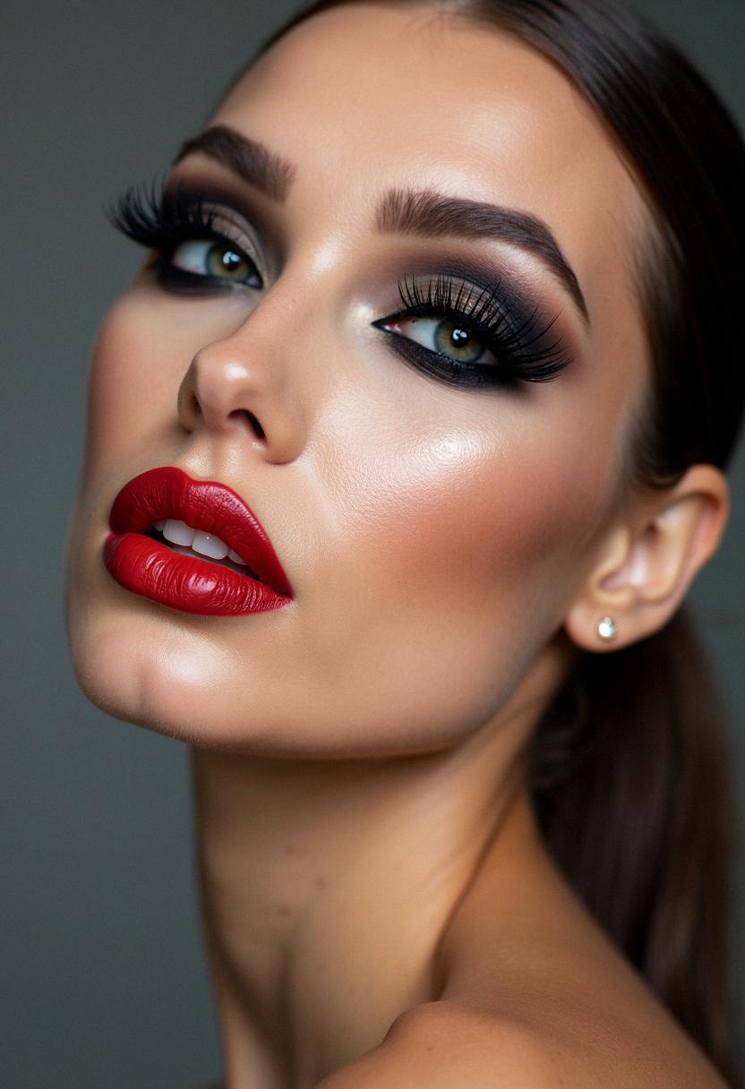smokey eye makeup with red lipstick